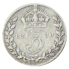 Монета 3 пенса 1890 года Великобритания (аверс)