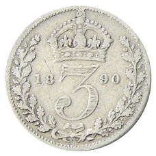 Монета 3 пенса 1890 года Великобритания (аверс)
