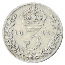 Монета 3 пенса 1890 года Великобритания (аверс)