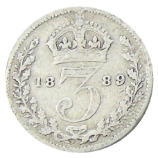 Монета 3 пенса 1889 года Великобритания (аверс)