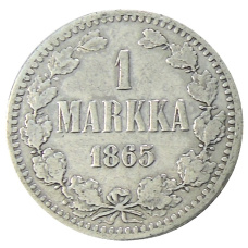Монета 1 марка 1865 года Русская Финляндия (аверс)