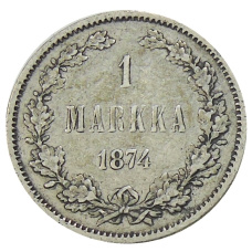 Монета 1 марка 1874 года Русская Финляндия (аверс)