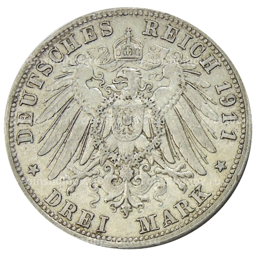 Монета 3 марки 1911 года D Германия (Бавария) (вид 2)