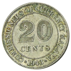 Монета 20 центов 1943 года Малайя (аверс)