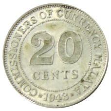 Монета 20 центов 1943 года Малайя (аверс)