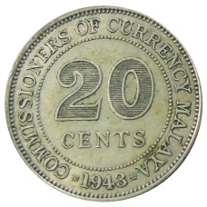 Монета 20 центов 1943 года Малайя (аверс)