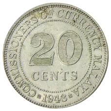Монета 20 центов 1943 года Малайя (аверс)
