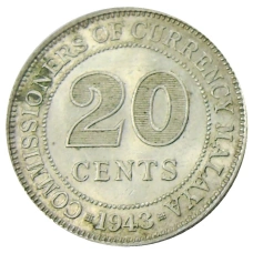 Монета 20 центов 1943 года Малайя (аверс)