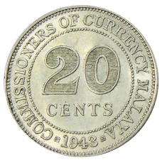 Монета 20 центов 1943 года Малайя (аверс)