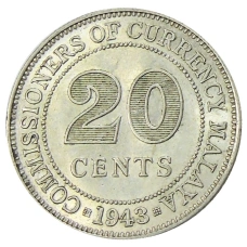 Монета 20 центов 1943 года Малайя (аверс)