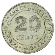 Монета 20 центов 1943 года Малайя (аверс)