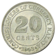 Монета 20 центов 1943 года Малайя (аверс)
