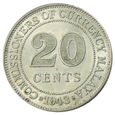 Монета 20 центов 1943 года Малайя (аверс)