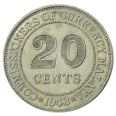 Монета 20 центов 1943 года Малайя (аверс)