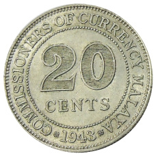 Монета 20 центов 1943 года Малайя (аверс)
