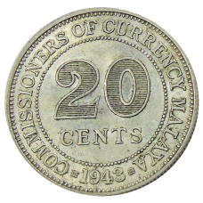 Монета 20 центов 1943 года Малайя (аверс)