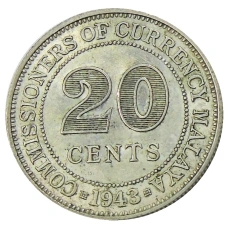 Монета 20 центов 1943 года Малайя (аверс)