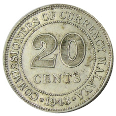 Монета 20 центов 1943 года Малайя (аверс)