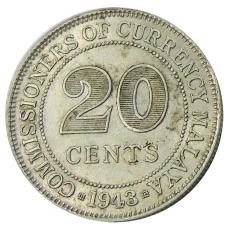 Монета 20 центов 1943 года Малайя (аверс)
