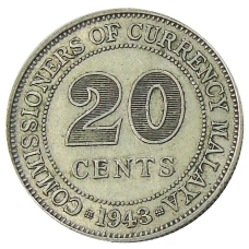 Монета 20 центов 1943 года Малайя (аверс)