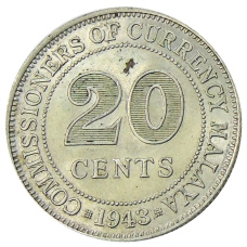 Монета 20 центов 1943 года Малайя (аверс)