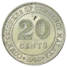 Монета 20 центов 1943 года Малайя (аверс)