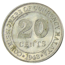 Монета 20 центов 1943 года Малайя (аверс)