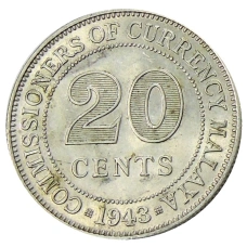 Монета 20 центов 1943 года Малайя (аверс)