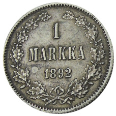 Монета 1 марка 1892 года Русская Финляндия (аверс)