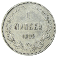 Монета 1 марка 1892 года Русская Финляндия (аверс)