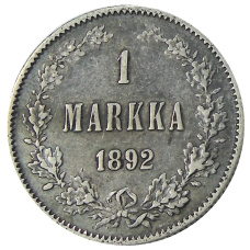 Монета 1 марка 1892 года Русская Финляндия (аверс)