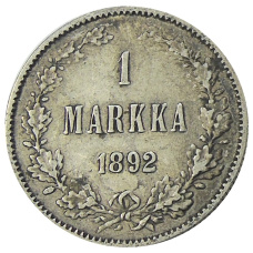 Монета 1 марка 1892 года Русская Финляндия (аверс)