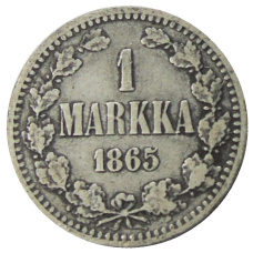 Монета 1 марка 1865 года Русская Финляндия (аверс)