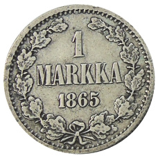 Монета 1 марка 1865 года Русская Финляндия (аверс)