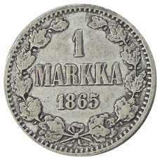 Монета 1 марка 1865 года Русская Финляндия (аверс)