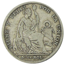 Монета 1/5 соль 1888 года Перу (реверс)