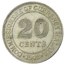 Монета 20 центов 1943 года Малайя (аверс)