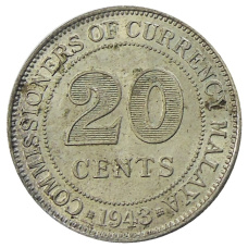 Монета 20 центов 1943 года Малайя (аверс)
