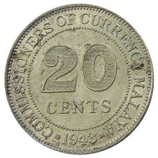 Монета 20 центов 1943 года Малайя (аверс)