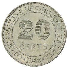 Монета 20 центов 1943 года Малайя (аверс)