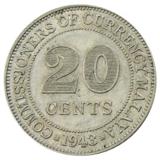 Монета 20 центов 1943 года Малайя (аверс)