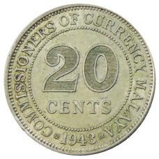 Монета 20 центов 1943 года Малайя (аверс)