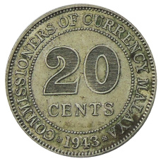 Монета 20 центов 1943 года Малайя (аверс)