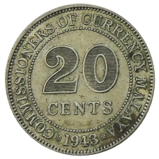 Монета 20 центов 1943 года Малайя (аверс)