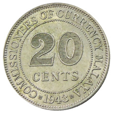 Монета 20 центов 1943 года Малайя (аверс)
