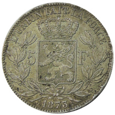 Монета 5 франков 1873 года Бельгия (аверс)