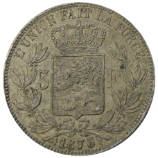 Монета 5 франков 1873 года Бельгия (аверс)