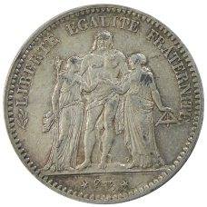 Монета 5 франков 1875 года Франция «Геркулес» (аверс)