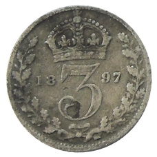 Монета 3 пенса 1897 года Великобритания (аверс)