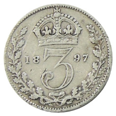 Монета 3 пенса 1897 года Великобритания (аверс)